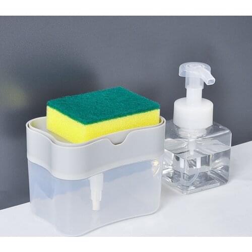 PP Soap Pump Dispenser with Sponge Holder Cleaning Liquid Dispenser Container Manual Press Soap Organizer Kitchen Cleaner Tool