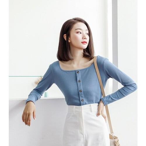 Abrini T-shirt 2021 Fall Womens Long Sleeve Top Solid Female Shirt Slim Fit Cropped Cotton Square Collar T-shirts Pullovers