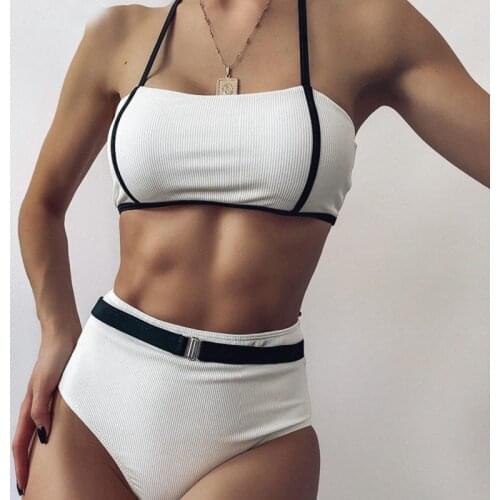 Summer Bikini Elegant Two Piece Swimsuit Sexy High Waist Belted Bathing Beachwear Fashion Halter Ribbed Womens Swimwear 2021