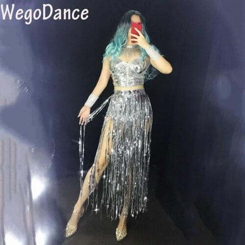 Hot Sale Sparkly Silver Sequins Bra Fringe Short Dance Outfit Set Women Singer DJ Dancer Wear Shining Stage Costume Clothing