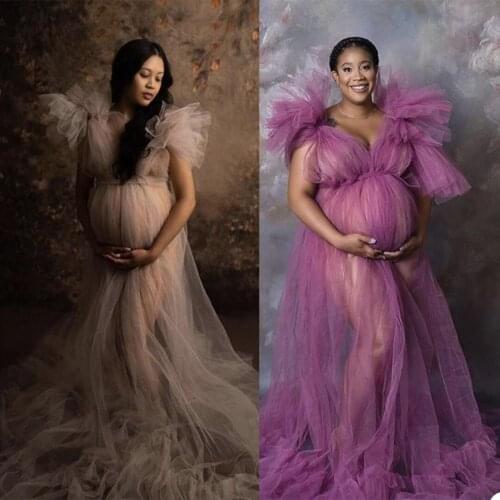 Fashion Evening Maternity Dresses Robes For Photo Shoot Custom Made Short Sleeves Lace Tulle Ruffled Sexy Maternity Gowns