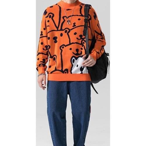 Knitted Sweater Men Harajuku Polar Bear Pattern Printed Slim Fit Pullover 2021 Autumn Winter Casual Warm O-Neck Men Clothing
