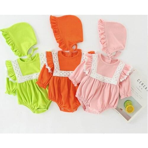New Fall Baby Girl Clothes 2 Piece Floral Lace Square Collar Flying Ruffles Long Sleeve Romper+ruffles Hat Baby Bodysuit 0-18M
