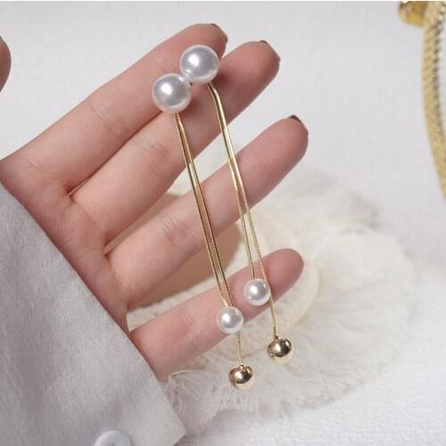 New Arrival Delicate Elegant Pearl Beads Stud Earrings for Women 14K Gold Plated Long Earrings