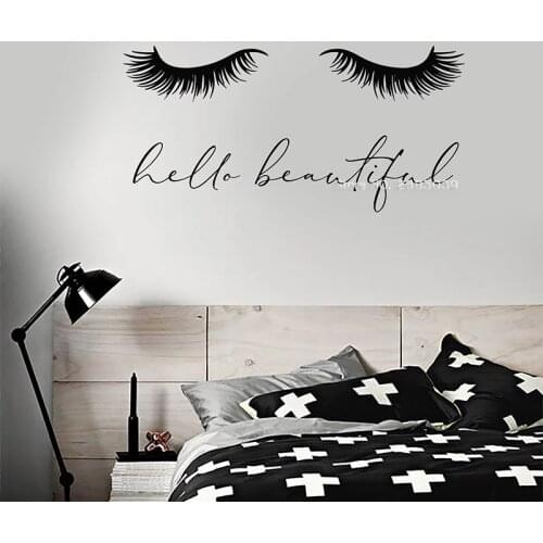 Eyelash Vinyl Wall Decal Quote Hello Beautiful Closed Girl Eyes Extensions Stickers Art Women Bedroom Wall Decor Eyelashs LC1534