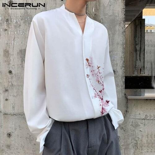 Men Casual Shirt Flower Printed V Neck Long Sleeve Men Clothing 2021 Loose Button Streetwear Vintage Leisure Camisas 3XL INCERUN