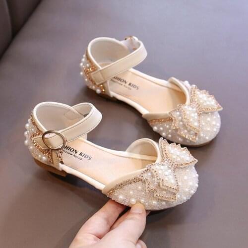 Girls Princess Sandals 2021 Summer New Baby Pearl Rhinestone Bow Single Shoes Fashion Non-slip Flat Childrens Shoe
