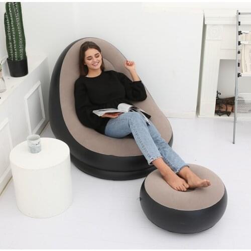 Reading chair with ottoman lazy sofa inflatable folding recliner with pedal comfortable flocking single sofa chair pile coating