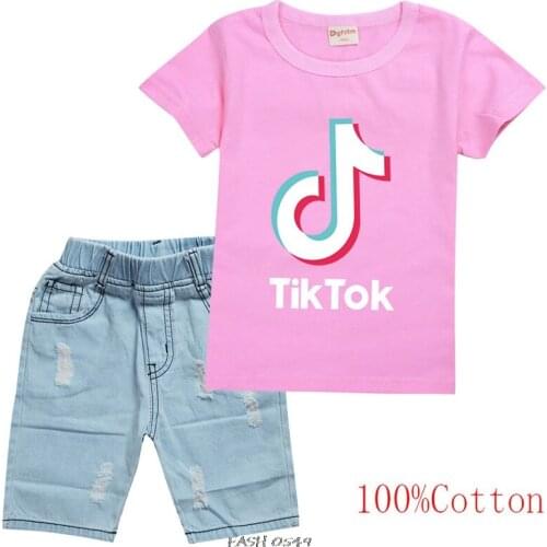 Tik Tok New Casual Childrens Wear Cartoon Summer Short Sleeve Tik Tok Tshirt+Jeans Set Boys Girls Fashion Tops
