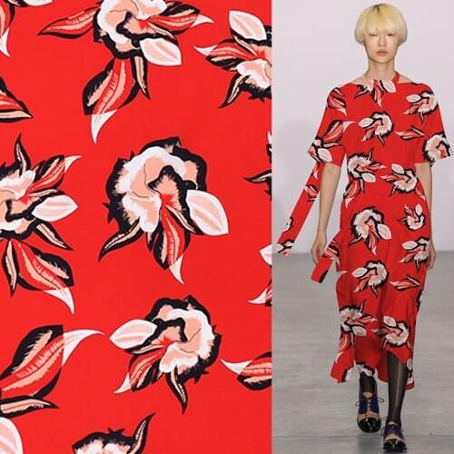 Floral on red pure silk crepe de chine fabric not sheer 140cm width,SCDC1058
