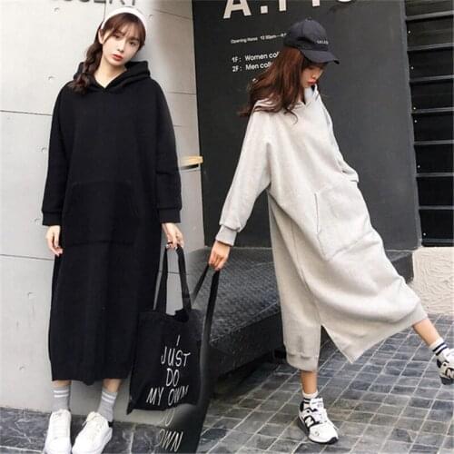 Autumn New Korean Long Section Large Size Loose Sweatshirt Long Sleeve Spring Hoodies Coat Casual Solid Vestidos For Women f1321