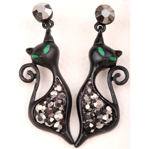 Cat dangle earrings cute bling jewelry halloween gifts for women girls wholesale dropship MWE06 black gold silver tone