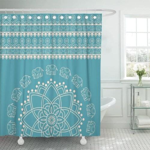 Beige Traditional Blue and Cream Indian Henna Elephant Mandala Shower Curtain Waterproof 72 x 72 Inches Set with Hooks