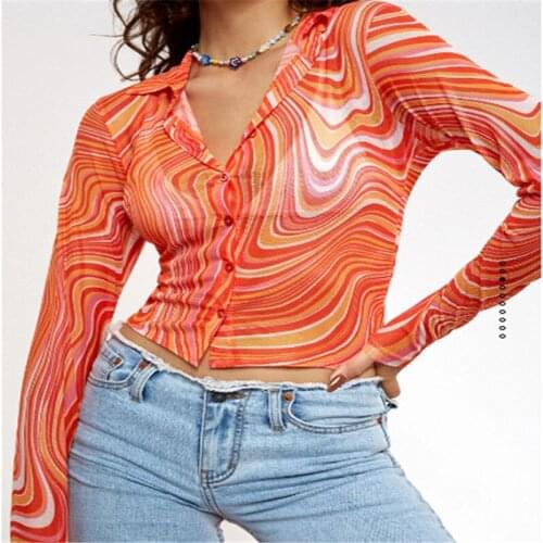 Women Mesh See-through Printed Shirt Long Sleeve Deep Turndown Collar Button Blouse 90s Y2k Casual Tops For Spring, Autumn