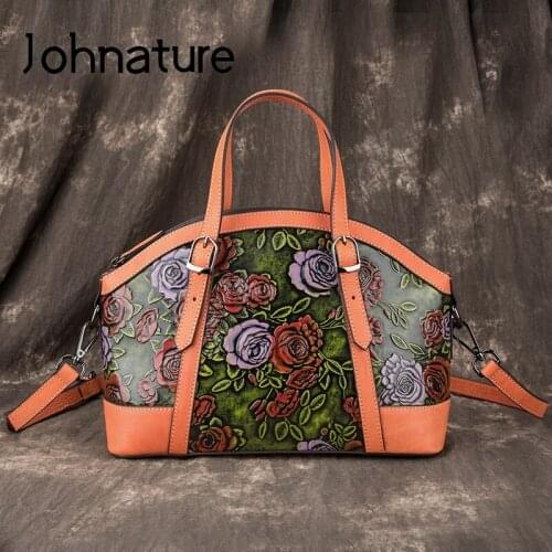 Johnature Retro First Layer Cowhide Luxury Handbags 2020 New Leisure Genuine Leather Large Capacity Shoulder & Crossbody Bags