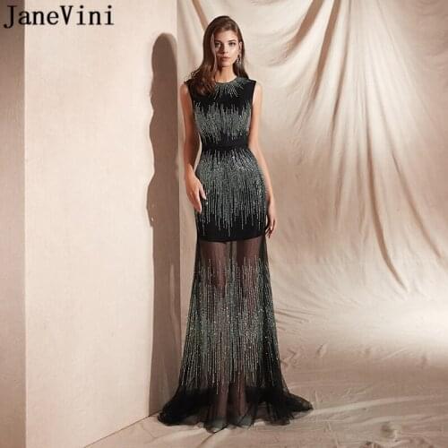 JaneVini Luxury Beaded Black Long Evening Dresses for Women Mermaid Sleeveless Illusion Tulle Formal Party Gown Vestido Comprido