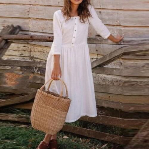 2021 Fall Plus Size Womens Single-breasted Solid Color Cotton And Linen Nine-point Sleeve Stitching Round Neck Mid-length Dress