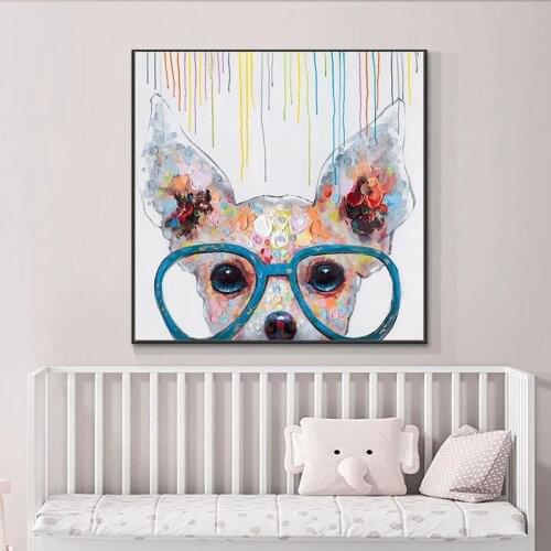 Funny Design Pop Art Dog Oil Painting Artist Hand-painted Modern Fine Art Dog Painting Animal Dog with Big Glasses Oil Painting
