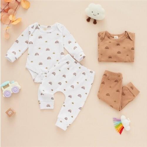 Wallarenear 0-12M 2Pcs Tracksuit Long Sleeve Rainbow Print Casual O-Neck Bodysuit Tops+Pants Outfit Sets Sleepwear Loungewear