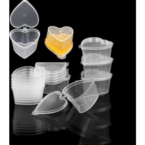 20pcs 45ml Disposable Plastic Heart-shaped Takeaway Sauce Cup Containers Food Box with Hinged Lids Pigment Paint Box Jelly cups