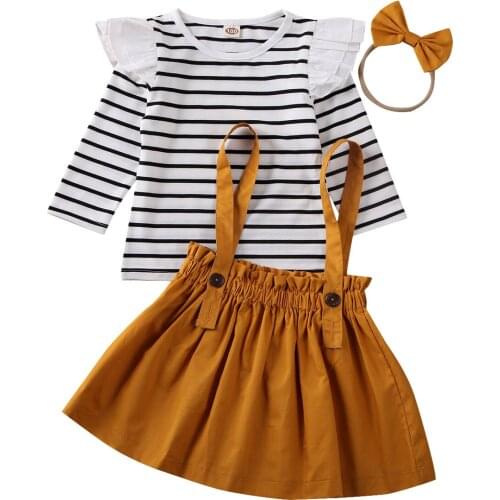 2020 Toddler Baby Girl Ruffle T-shirt Top Skirt Dress Headband Outfits Toddler Girls 3Pcs Striped Clothes Spring Set 18M-6T