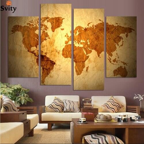 4 Panels Antique golden map cnavas painting Abstract wall art decoration for living room &office no frame