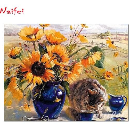 Diy 5d Square Round Diamond Painting still life Full Drill "sunflower & cat"Cross Stitch Mosaic Decor Diamond Embroidery flower