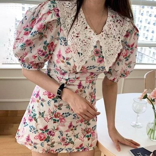 Floral Vestidos Puff Sleeve A-line High Waist Retro Sweet Woman Dresses Peter Pan Collar Lace Robeew Femme Dress Korean