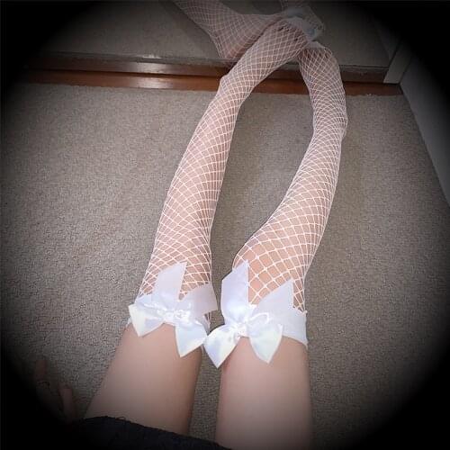 Womens Sexy Fishnet Bowknot Stockings Lace Top Thigh High Sexy Stockings Lingerie Silicone Band Hold Up Female Stockings Medias