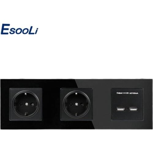 Esooli Wall Crystal Glass Panel Double Socket 16A EU Electrical Outlet Dual USB Smart Charging Port 5V 2A Output White Color