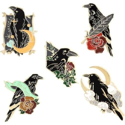 Punk Gothic Crow Raven Enamel Pins Bird Feather Moon Flowers Brooches Bag Lapel Badge Fashion Jewelry Gift for Friends Kids