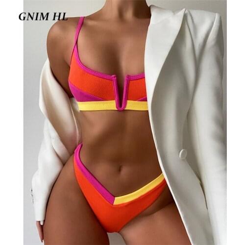 GNIM Sexy Patchwork Bikini Swimsuit Women Push Up 2 Piece 2021 New Arrival Low Waist Swimwear Beach Wear Backless V Neck Biquini