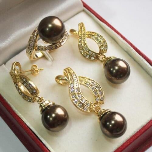 Hot! nice new jewelry silver plated + 12mm black /red/ pink/blue/color/ shell pearl pendant, earring, , ring set shipping free