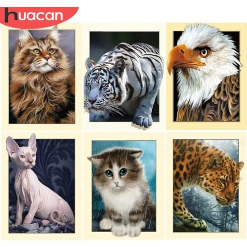 HUACAN DIY Diamond Painting Animal Cat Diamond Embroidery Cross Stitch Tiger Full Square Mosaic Rhinestone Eagle Home Decoration