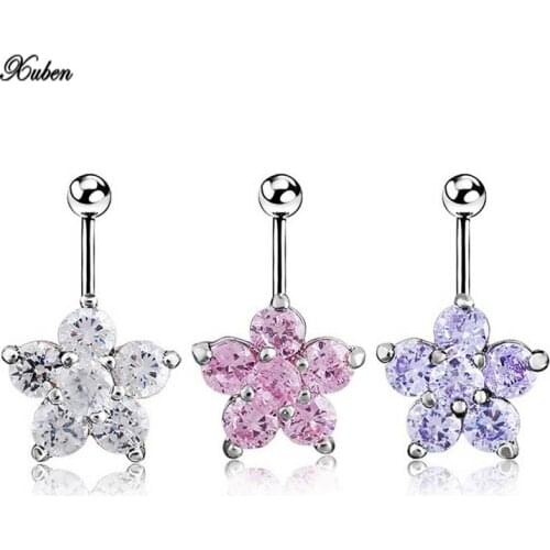 Xuben 316L Stainless Steel Green Flower Crystal Navel Bars Gold Belly Button Ring Navel Piercing Jewelr Piercing novel
