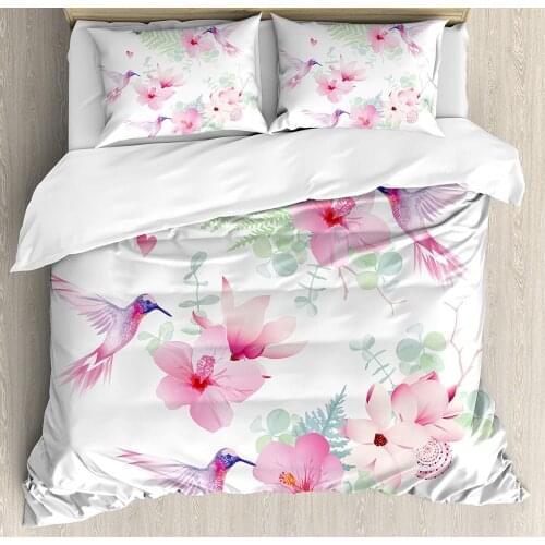 Hummingbirds Duvet Cover Set Tropical Flowers with Flying Hummingbirds Wild Nature Blooms Decorative 3 Piece Bedding Set