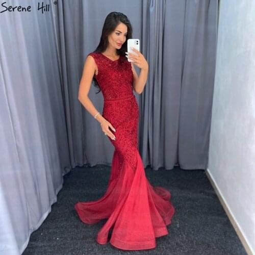 Wine Red Dubai Crystal O-Neck Evening Dresses Mermaid Sleeveless Luxury Formal Dress Real Photo LA60980