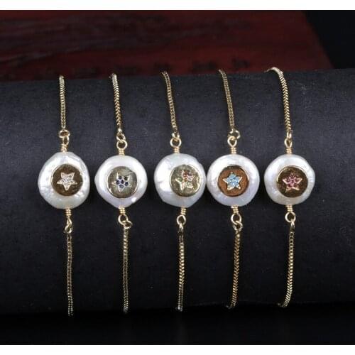 Multi colors cz bead paved tiny star charm natural freshwater pearl bead link bracelets for women birthday gift