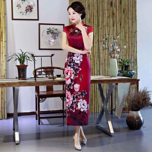 New Silk Satin Traditional Chinese Dress Women Short Sleeves Vestidos Vintage Qipao Sexy Cheongsam Flower Print Slim Party Dress