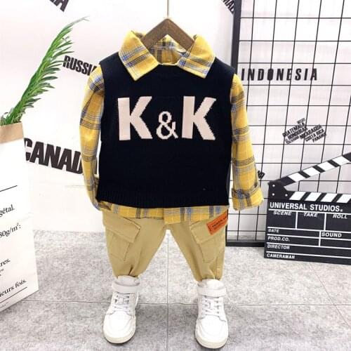 Autumn fashion baby girl clothes cotton boys Knit vest, shirt and jeans 3pcs Outfits boys tracksuit baby boy clothing set