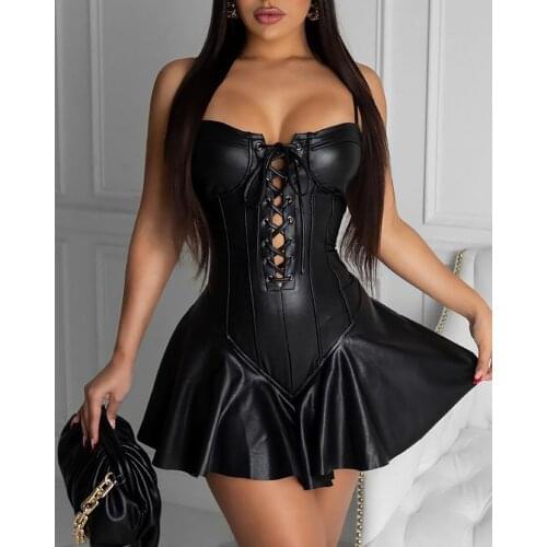 2021 Spring Summer Women Fashion Elegant Sexy PU Leather Spaghetti Strap Eyelet Lace Up Pleated Black Mini Dress Party