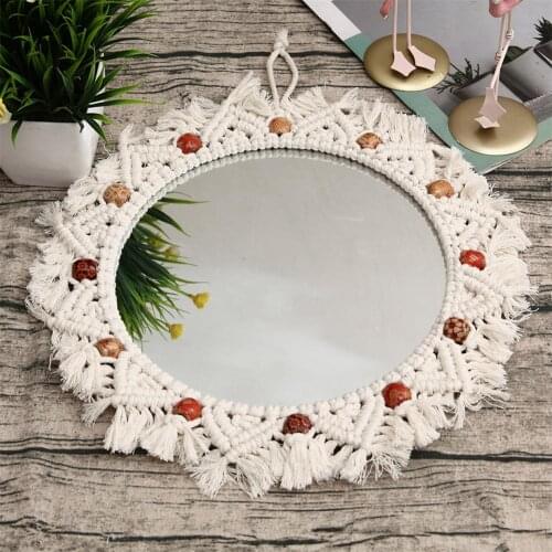Woven Wall Mirror Round Makeup Dressing Bathroom Wall Hanging Mirror Innovative Art Decoration Nordic Primary Color Woven Decor
