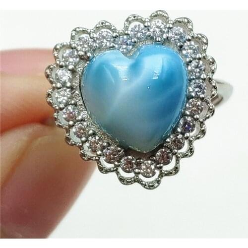 Namibia Natural Larimar Blue Dominia Heart Adjustable Ring 10x10mm Water Pattern Love Larimar 925 Sterling Silver AAAAAA