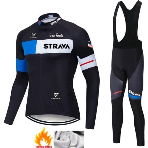 STRAVA Winter Thermal Fleece Cycling Jersey Set 2020 Pro team Long Sleeve MTB Bicycle Clothing Racing Bike Cycling Set For Men