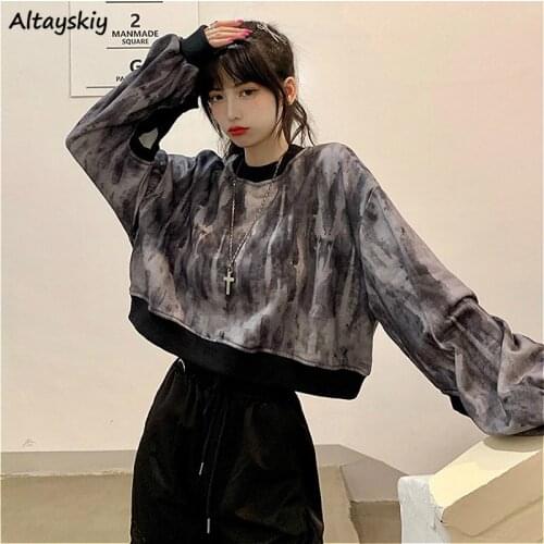 Cropped Sweatshirt Women Casual Korean Style Spring 2020 New Tie Dye Black Soft Loose All-match Teens Girls Trendy Clothes Ins