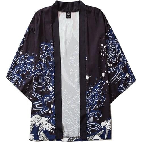 Streetwear Yukata Men Top Japanese Cardigan Samurai Kimono Women Black Waves Kimono Shirt Blouse Haori Obi Clothing Jacket