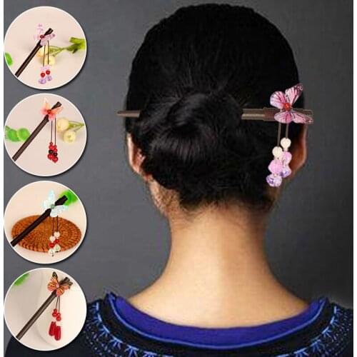 Vintage Wooden Hair Sticks Women Chinese Style Hairpin With Butterfly Tassel Decoration Hair Accessories Hair Pins Headwear