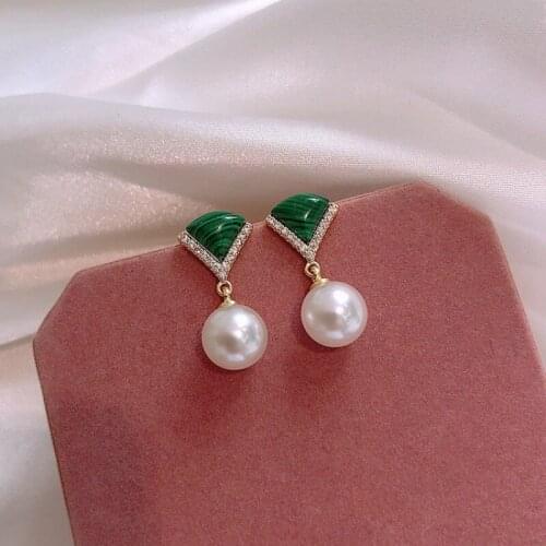 Natural Malachite Fan-shaped Eardrop Exquisite Simulated-pearl Dangle Earrings Sweet Cute Female Fashion Jewelry Gift