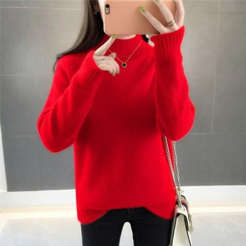 Knitted Sweater Pullover Women Clothes Autumn Winter Half Turtleneck Imitation Mink Sweater Long-sleeve Jumper Ladies Tops G245