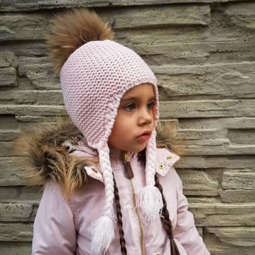 YOLOAgain winter warm boys girls natural raccoon fur pompom hat kids real fur pompom knited ears beanie hat